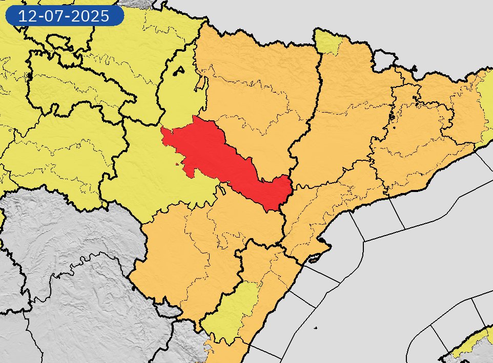 11/07 23:42 Avisos  activos hoy y mañana en Aragón por lluvias y tormentas. Nivel máximo de aviso: rojo.
Actualizaciones en aemet.es/es/eltiempo/pr…