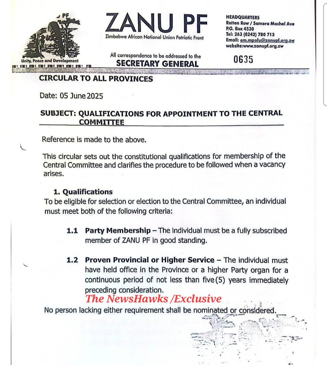 daddyhope's tweet image. ZANUPF has issued this letter, which insiders say is meant to stop Kudakwashe Tagwireyi.

                👇🏿👇🏿👇🏿👇🏿👇🏿

ZANU PF
Zimbabwe African National Union Patriotic Front
Unity, Peace and Development

HEADQUARTERS
Rotten Row / Samora Machel Ave
P.O. Box 4530
Tel: 263 (0242)…
