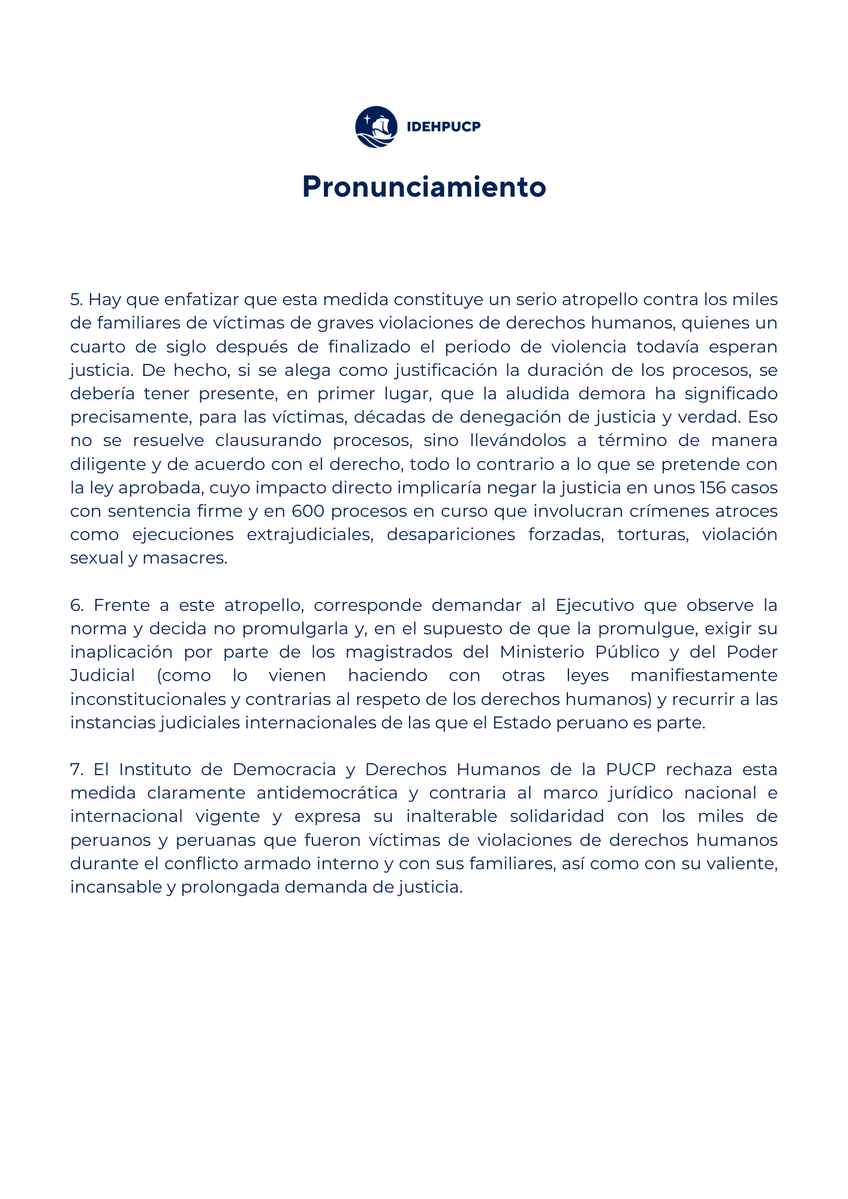 idehpucp's tweet image. 🚨 El IDEHPUCP rechaza la ley de amnistía aprobada por el Congreso, que busca eximir de responsabilidad a miembros de las FF.AA., PNP y comités de autodefensa involucrados en graves violaciones de derechos humanos durante el conflicto armado interno.