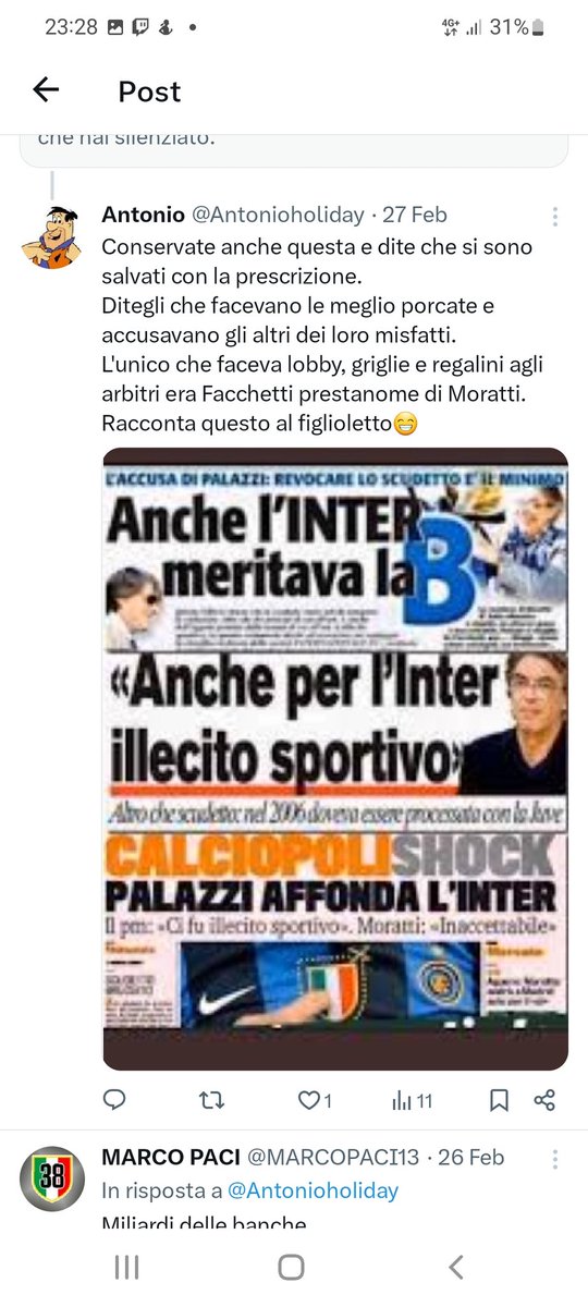 La vicenda Farsopoli è stata la più grande porcata della storia dello sport mondiale "all time".
La società più coinvolta, con lobbing con gli arbitri (Facchetti) e con spionaggio e dossieraggio (Telecom), invece di essere mandata in B viene premiata con uno scudetto di cartone.