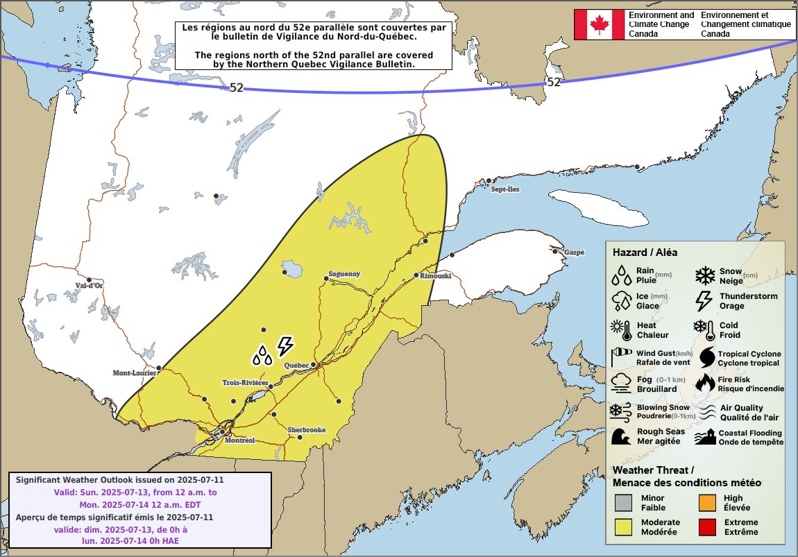 𝐃𝐞 𝐬𝐚𝐦𝐞𝐝𝐢 𝐬𝐨𝐢𝐫 𝐣𝐮𝐬𝐪𝐮’𝐚̀ 𝐥𝐮𝐧𝐝𝐢 𝐦𝐚𝐭𝐢𝐧, on s'attend à de la pluie parfois forte (jusqu'à 30-50 mm) accompagnée d’#orages qui pourraient augmenter les quantités jusqu’à 75 mm localement.
À suivre pour la mise à jour des prévisions.
<a href="/le1518/">Le 15-18</a> #meteo