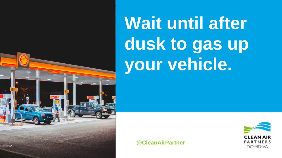 DDOTDC's tweet image. Here's an easy tip to help improve #AirQuality: wait until after dusk to fill your gas tank.
@CleanAirPartner tells us that when fuel vapors are heated in the midday sun, they can create harmful ground-level #ozone. Refueling once the sun goes down minimizes that risk.🌃⛽️