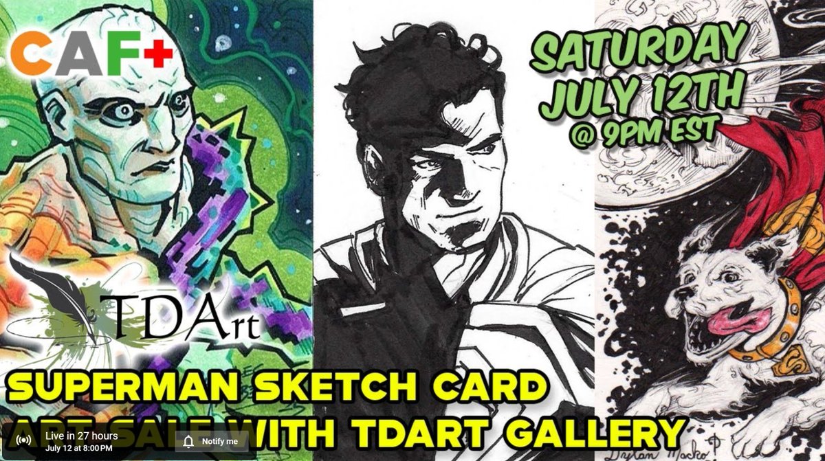 TDArtGallery's tweet image. Our very first SKETCH CARD Art Drop, LIVE on CAF+ Sat, July 12 at 9pm EST
Over 60 amazing pieces from 14 of our artists inspired by the Superman movie! Plus giveaways!
youtube.com/live/gBBKmeZPl…
#tdart #originalart #comicart #dccomics #superman #sketchcard #sketchcardart #youtube