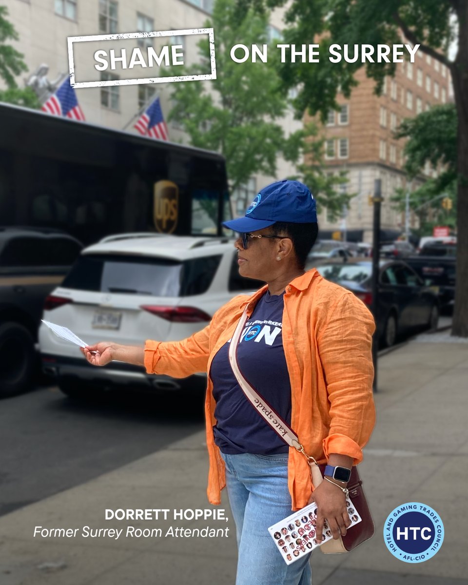 NYHTC's tweet image. The former Surrey workers have allies far and wide in their fight to get their jobs back! The iconic @frandrescher, President of SAG-AFTRA and star of The Nanny, spoke to workers flyering outside @SurreyHotelNYC today and supported our union’s call to rehire the former Surrey…
