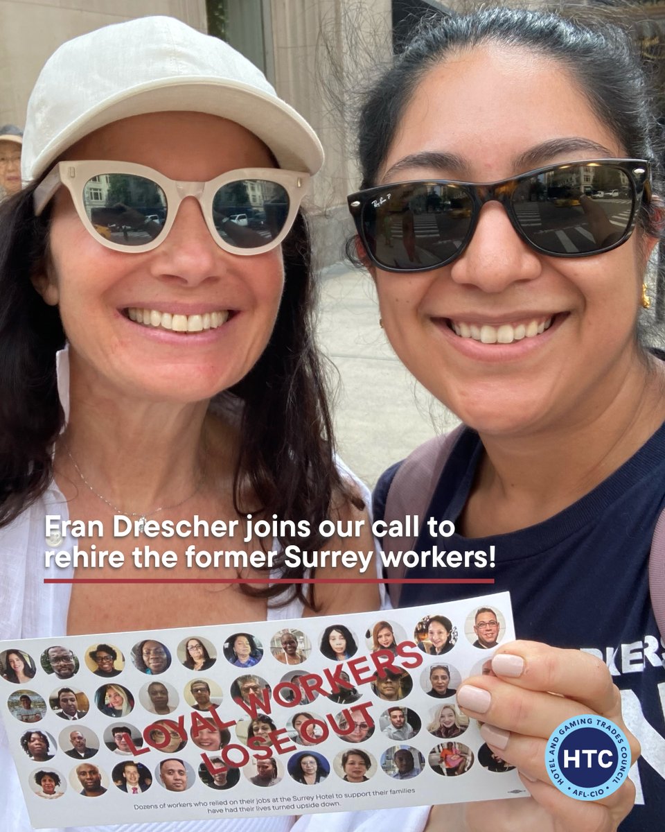 NYHTC's tweet image. The former Surrey workers have allies far and wide in their fight to get their jobs back! The iconic @frandrescher, President of SAG-AFTRA and star of The Nanny, spoke to workers flyering outside @SurreyHotelNYC today and supported our union’s call to rehire the former Surrey…