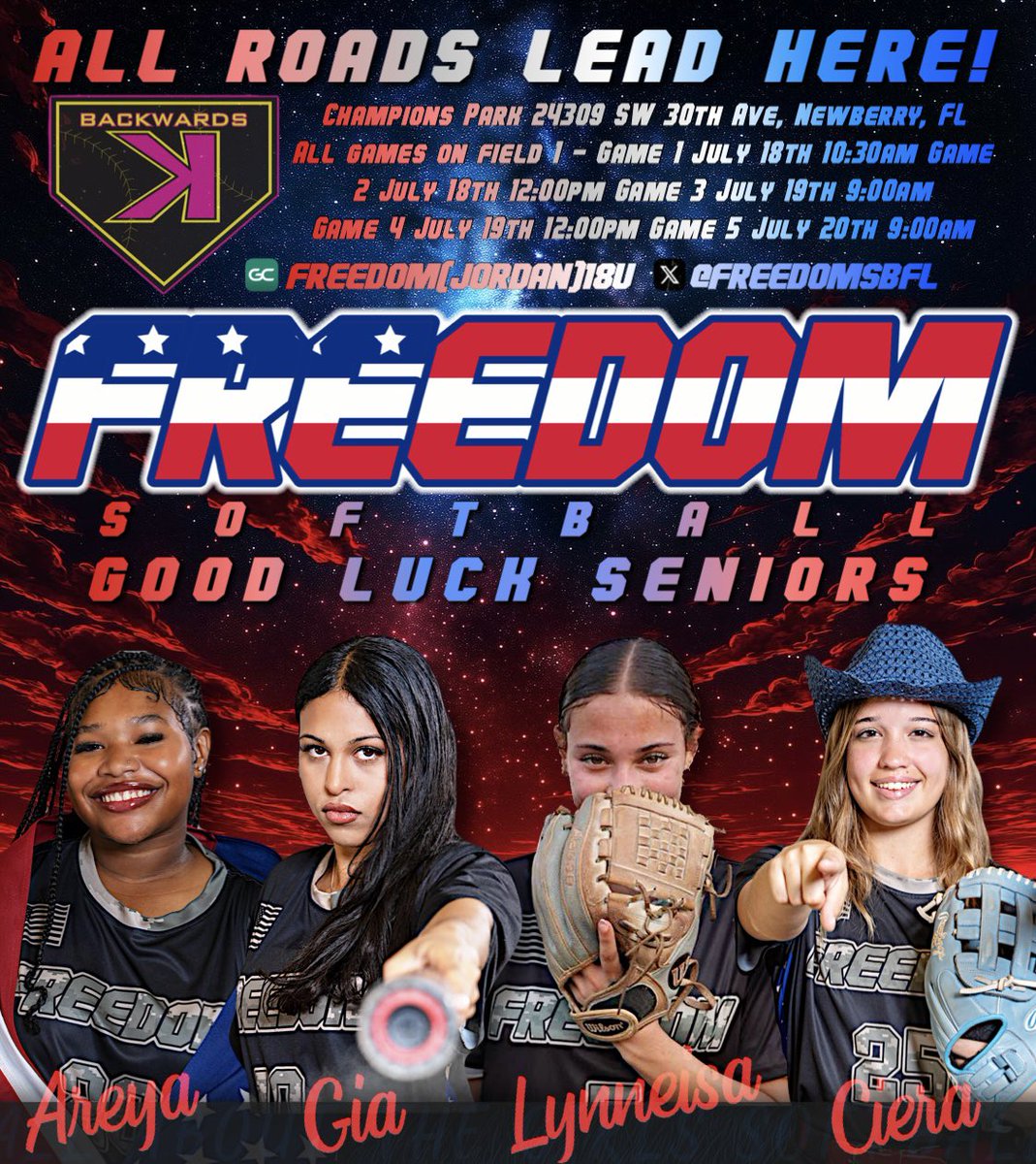 FREEDOM SOFTBALL (@freedomsbfl) on Twitter photo ALL ROADS LEAD HERE! Freedom(Jordan)18U closes out their summer showcase season July 18th-20th at the <a href="/BackwardsKJax/">Backwards K Softball</a> Showcase in Newberry,
All games on field 1
July 18th
Game 1 10:30am
Game 2 12:00pm
July 19
Game 3 9:00am
Game 4 12:00pm
July 20
Game 5 9:00am
<a href="/FREEDOMSBFL/">FREEDOM SOFTBALL</a> ALL ROADS LEAD HERE! Freedom(Jordan)18U closes out their summer showcase season July 18th-20th at the <a href="/BackwardsKJax/">Backwards K Softball</a> Showcase in Newberry,
All games on field 1
July 18th
Game 1 10:30am
Game 2 12:00pm
July 19
Game 3 9:00am
Game 4 12:00pm
July 20
Game 5 9:00am
<a href="/FREEDOMSBFL/">FREEDOM SOFTBALL</a>