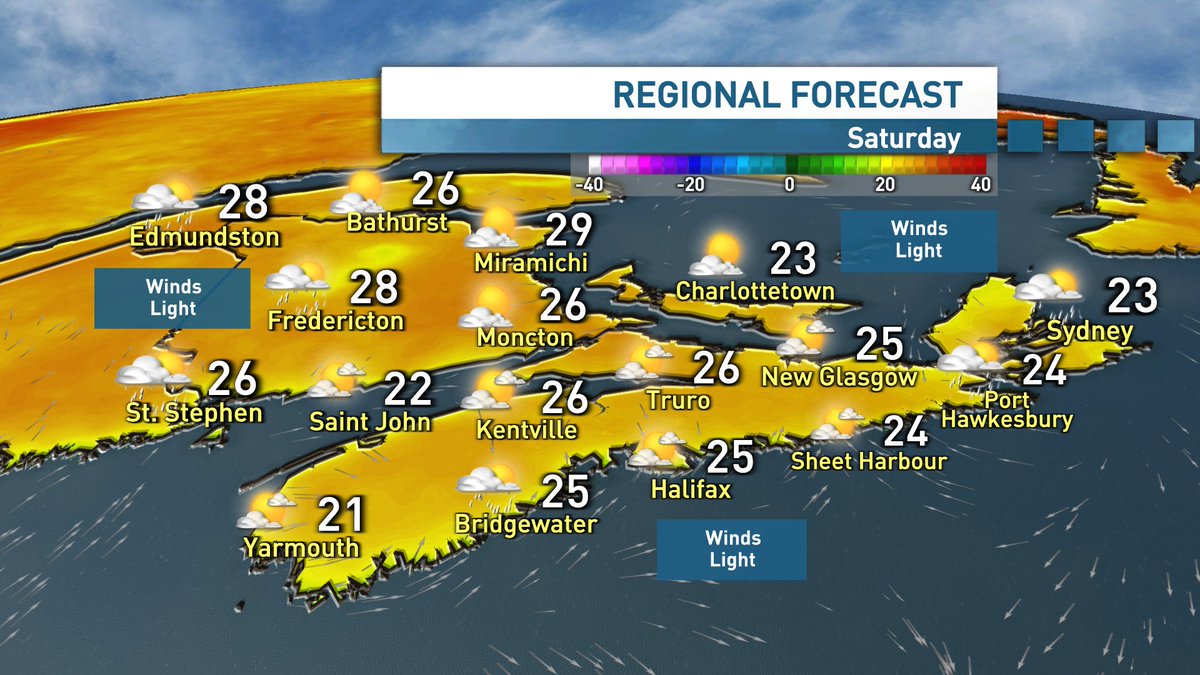 ryansnoddon's tweet image. A beautiful mid-summer weekend on the way for the Maritimes.
Temperatures will be toasty and the humidity will in the mix, but not oppressive.
Looking ahead to next week, mother nature will turn up the temperature, the humidity and the shower + thunderstorm chances.