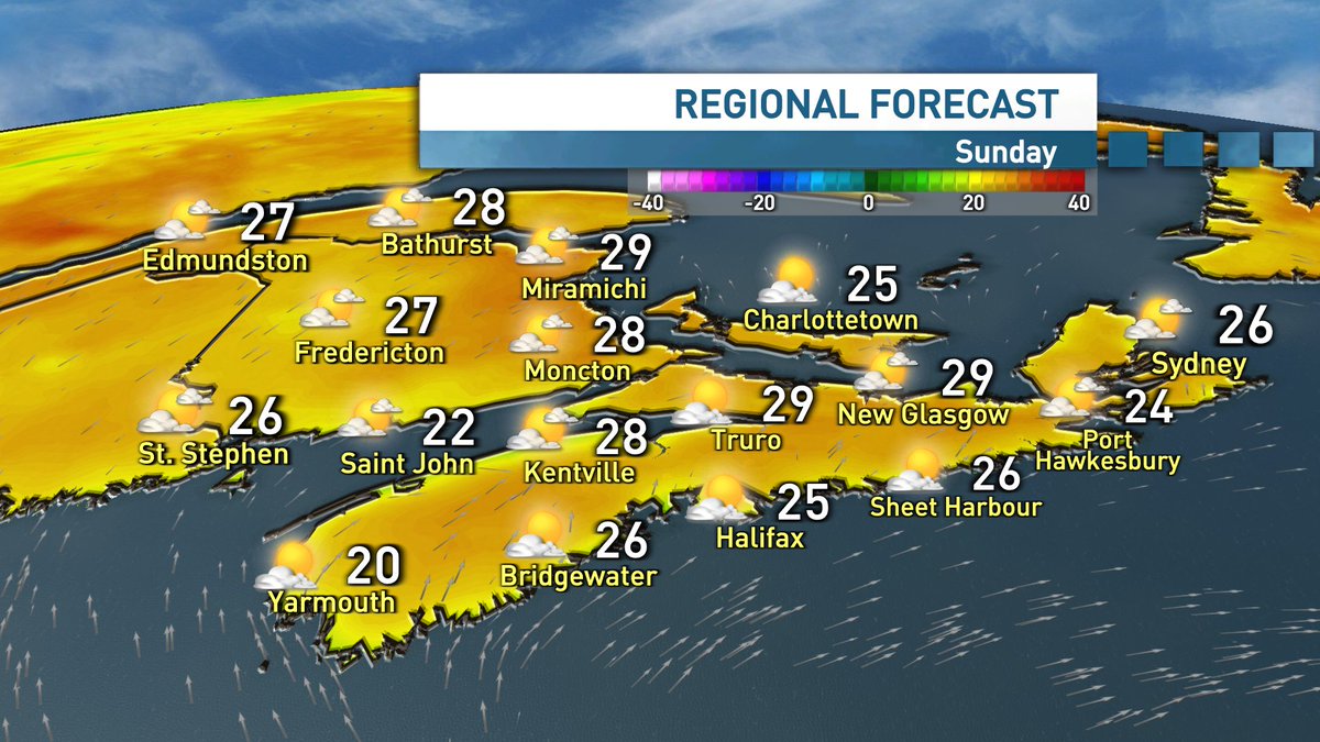 ryansnoddon's tweet image. A beautiful mid-summer weekend on the way for the Maritimes.
Temperatures will be toasty and the humidity will in the mix, but not oppressive.
Looking ahead to next week, mother nature will turn up the temperature, the humidity and the shower + thunderstorm chances.