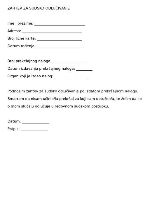 KrahSNSa's tweet photo. Dobili ste kaznu za protest ili blokadu? Čestitamo – sada imate dokaz, spomenicu, priznanje da ste bili na pravoj strani istorije!

Ali ne brinite – postoji zakonit način da odgovorite državi (a da ne platite odmah 2.500 ili 5.000 dinara).

Evo kratkog uputstva:
📝Potpišite kaznu – sa leve strane, tamo gde je predviđeno za potpis. Tako pokazujete da ne prihvatate sve što piše, ali da imate šta da kažete.
📝Popunite „Zahtev za sudsko odlučivanje“ – primer obrasca je na slici ispod. Možete ga naći i na internetu, prepisati ručno ili sastaviti sami.
(Da, država vas kažnjava za šetnju – ali vam ostavlja pravo da pišete eseje sudijama.)
📦Spakujte dve stvari: kopiju kazne i zahtev, i odnesite lično u Prekršajni sud. Za Beograd to je Ustanička 14.
✉️Možete i da pošaljete poštom – preporučeno, sa povratnicom – ali budite pažljivi, jer rok za slanje je samo 8 dana. Ponekad je jednostavnije i sigurnije da to uradite lično.
😎Na šalteru dobijate potvrdu sa pečatom. Posle toga, čekate poziv suda. To može da potraje. Možda i ne dočekate. Ponekad se ni policajac koji vas je „kaznio“ ne pojavi na suđenju – a bez svedoka, nema ni kazne. Policija je svakako jako zauzeta ovih dana.
Sud ima dve godine da odluči – taman da stigne i EXPO 2027… ili možda demokratija.

RT RT RT da ljudi znaju da nisu sami.

Jer ako svi ućutimo pred kaznama, sledeće će stići za:
disanje, hodanje, ili gledanje u pogrešnom pravcu.

I naravno na izadjete slobodno opet na ulice, na blokade!