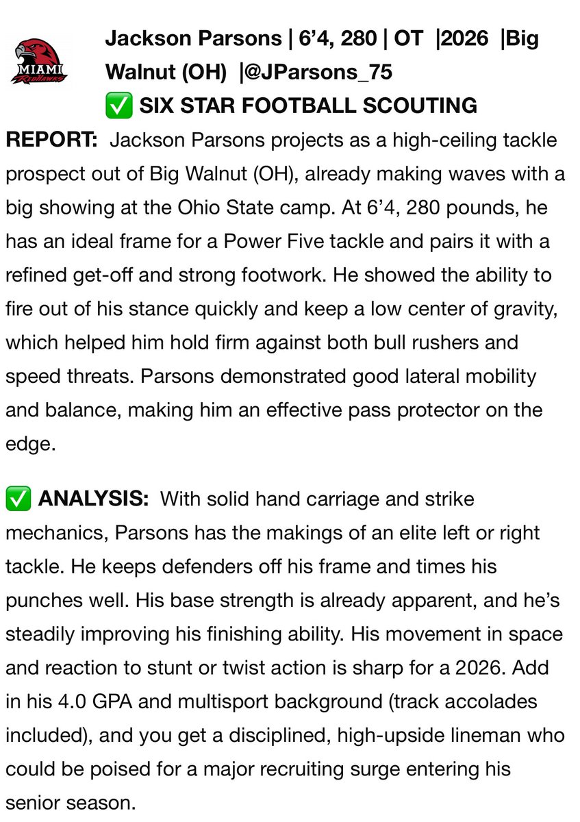 Jackson Parsons (@jparsons_75) on Twitter photo Hello coaches, I just wanted to post another review of me from the Miami of Ohio camp for <a href="/sixstarfootball/">Six Star Football | PLUS+</a>. Also look at my new account at on3 rivals recruiting.
<a href="/JimCordle63/">Jim Cordle</a> <a href="/Coach_BMcClain/">Coach Bob McClain</a> <a href="/TylerBowen/">Tyler Bowen</a> <a href="/ryandaytime/">Ryan Day</a> <a href="/Coachjpatton/">James Patton</a> <a href="/coachhallett/">Mike Hallett</a> <a href="/CoadyKeller1/">Coady Keller</a> Hello coaches, I just wanted to post another review of me from the Miami of Ohio camp for <a href="/sixstarfootball/">Six Star Football | PLUS+</a>. Also look at my new account at on3 rivals recruiting.
<a href="/JimCordle63/">Jim Cordle</a> <a href="/Coach_BMcClain/">Coach Bob McClain</a> <a href="/TylerBowen/">Tyler Bowen</a> <a href="/ryandaytime/">Ryan Day</a> <a href="/Coachjpatton/">James Patton</a> <a href="/coachhallett/">Mike Hallett</a> <a href="/CoadyKeller1/">Coady Keller</a>