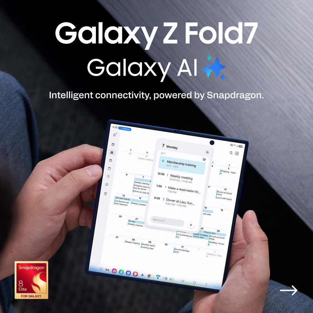 Qualcomm's tweet image. What a launch 🚀 @SamsungMobile unveiled the Galaxy Z Fold7 at #GalaxyUnpacked—powered by @Snapdragon 8 Elite for Galaxy globally. Experience our smartest, fastest processor yet.
