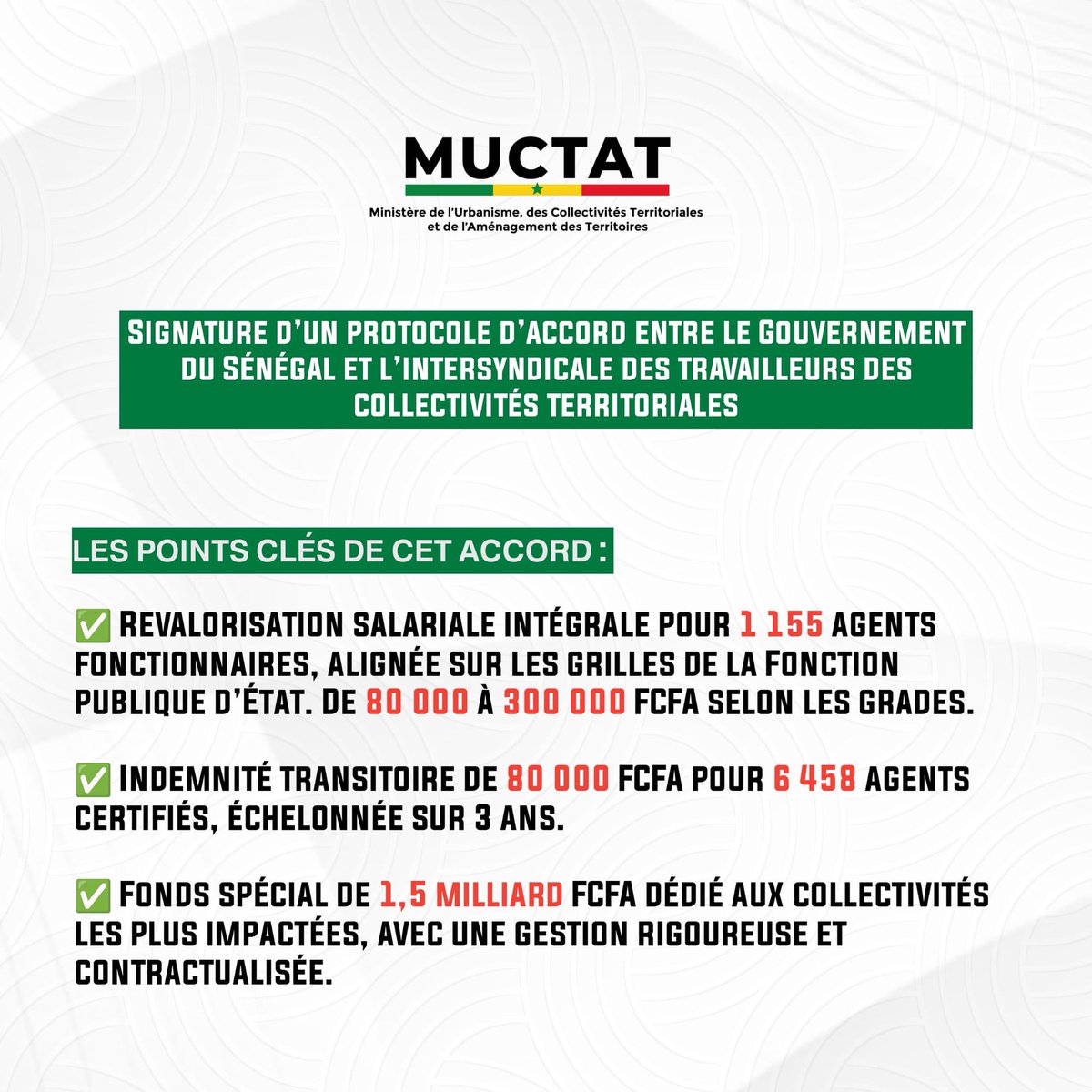 Signature d’un protocole d’accord entre le Gouvernement du Sénégal et l’intersyndicale des travailleurs des collectivités territoriales
🚨Les points clés de cet accord :