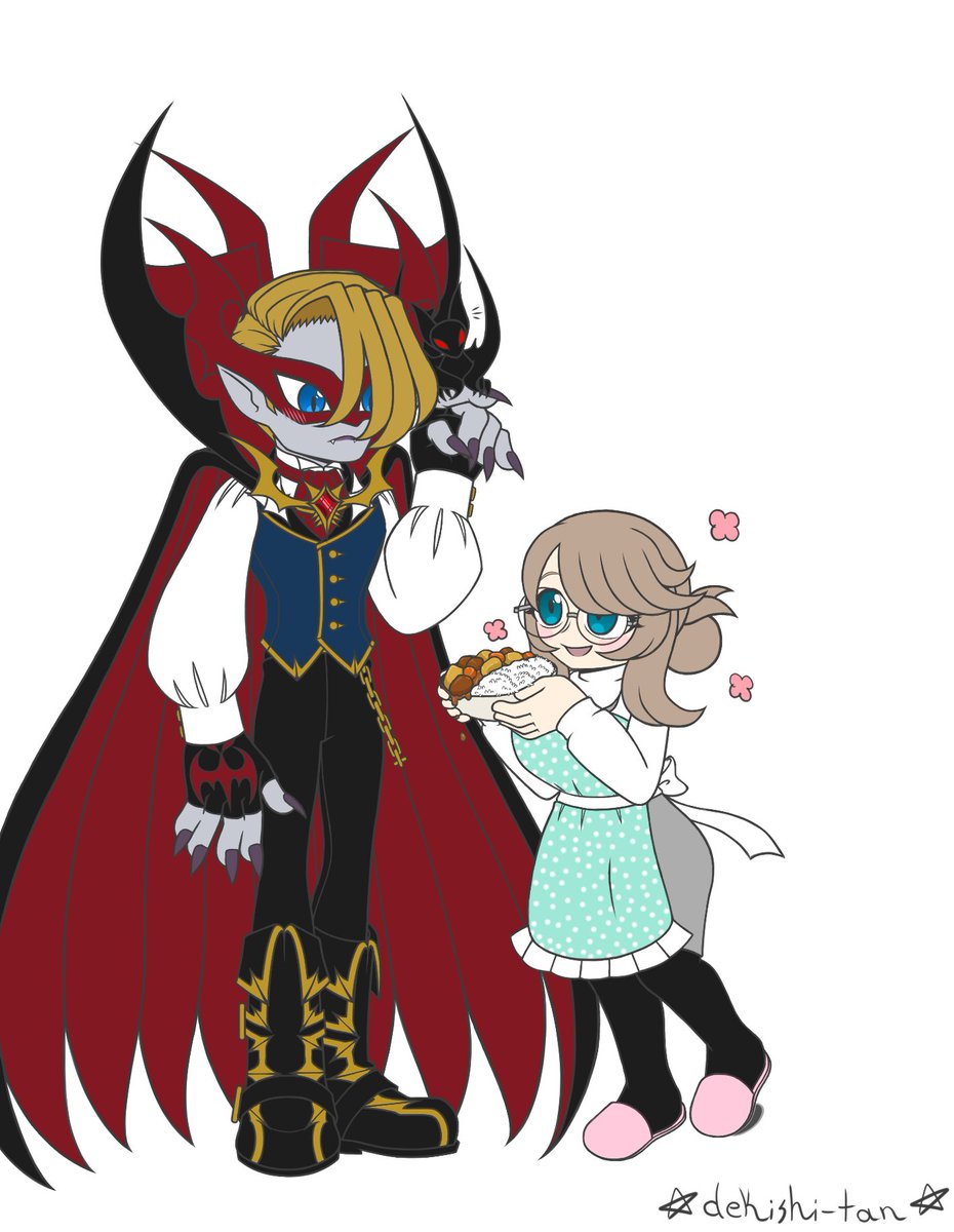dekishi_tan's tweet image. Dinner time~!! 

Alt Myotismon is back..! He's currently being offered some curry from his good friend Harumi, he got caught off guard by Harumi's sudden cheery appearance and is charmed by her expression.

#digimonoc #myotismon #vamdemon #ヴァンデモン