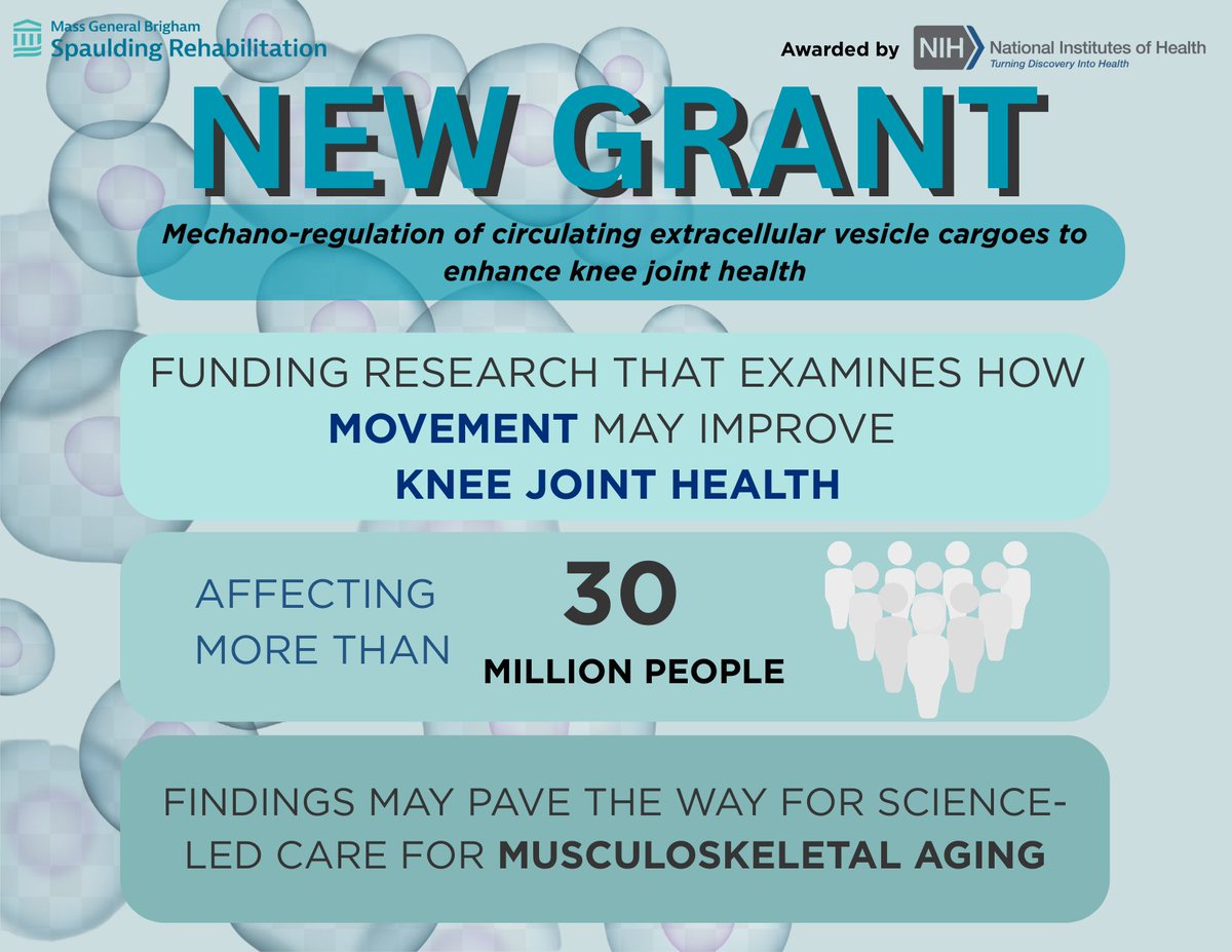 SpauldingMSK's tweet image. NEW GRANT @SpauldingRehab! “Mechano-regulation of circulating extracellular vesicle cargoes to enhance knee joint health” will explore how mechanical forces shape circulating extracellular vesicles — and how these may help protect aging knees. 

These findings may help advance…