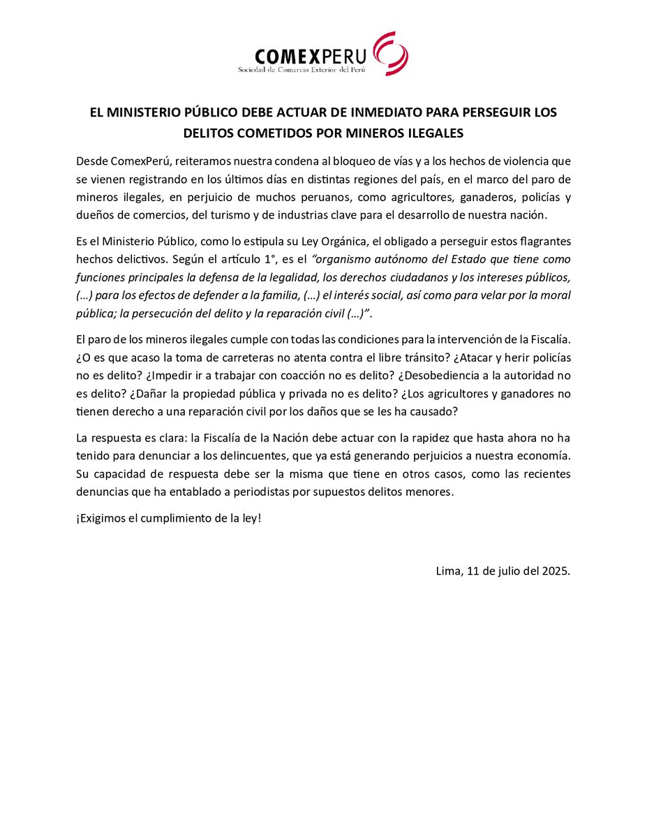 🚨#Comunicado | ¡La Fiscalía debe actuar ya contra los mineros ilegales! 🔻
Desde #ComexPerú, exigimos que el Ministerio Público cumpla su rol y persiga los delitos cometidos en el paro minero: bloqueo de vías, ataques a policías y daños a la propiedad privada. Estos hechos, que