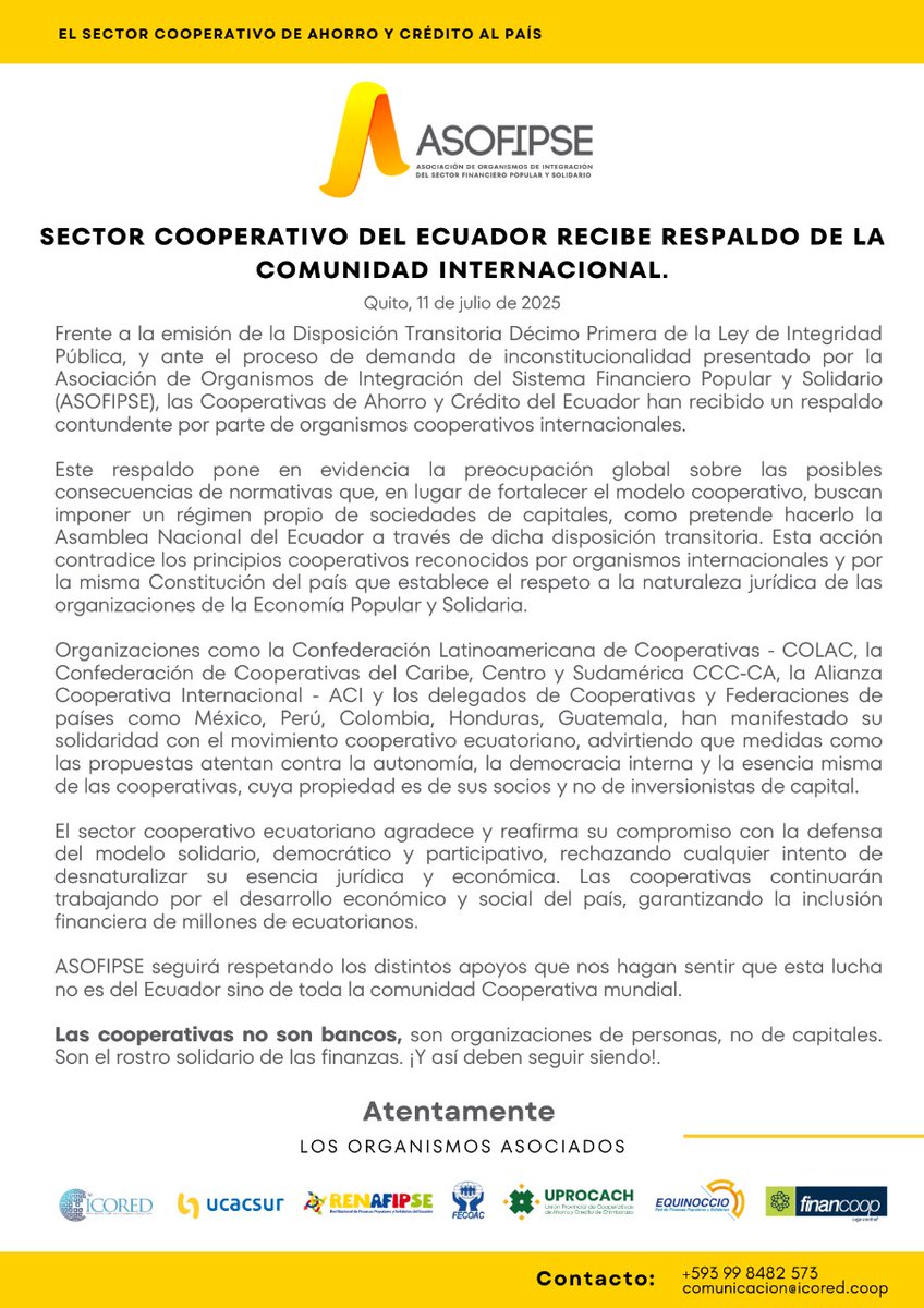 📢 Sector cooperativo del Ecuador recibe respaldo de la comunidad internacional ante la Ley de Integridad Pública (transitoria décima primera).