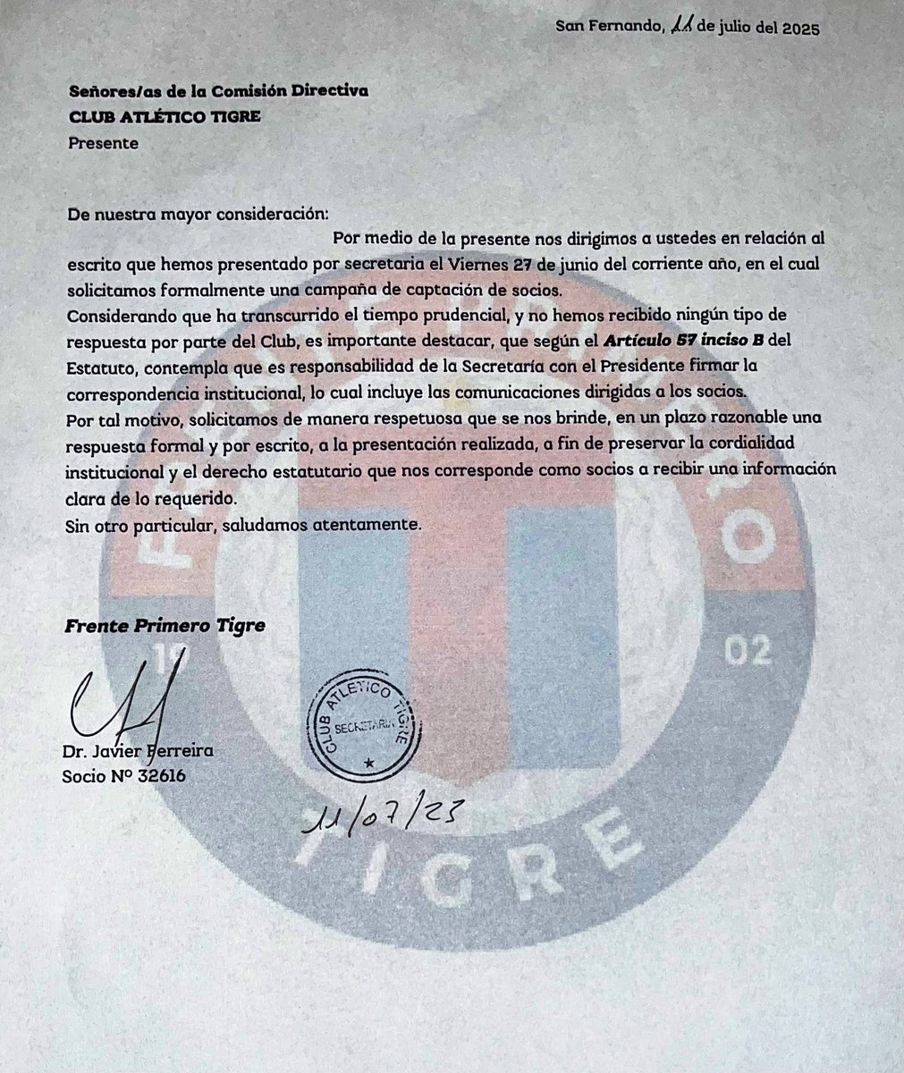 primero_tigre's tweet photo. 📣𝐄𝐗𝐈𝐆𝐈𝐌𝐎𝐒 𝐑𝐄𝐒𝐏𝐔𝐄𝐒𝐓𝐀:

Hace 2 semanas presentamos una propuesta formal para sumar socios.
Hoy exigimos respuesta, como establece el Art. 57 inc. B del Estatuto: la Secretaría y el Presidente deben firmar la correspondencia institucional. @catigreoficial 
✊🏼1️⃣🐯 https://t.co/4qtcyzgTre