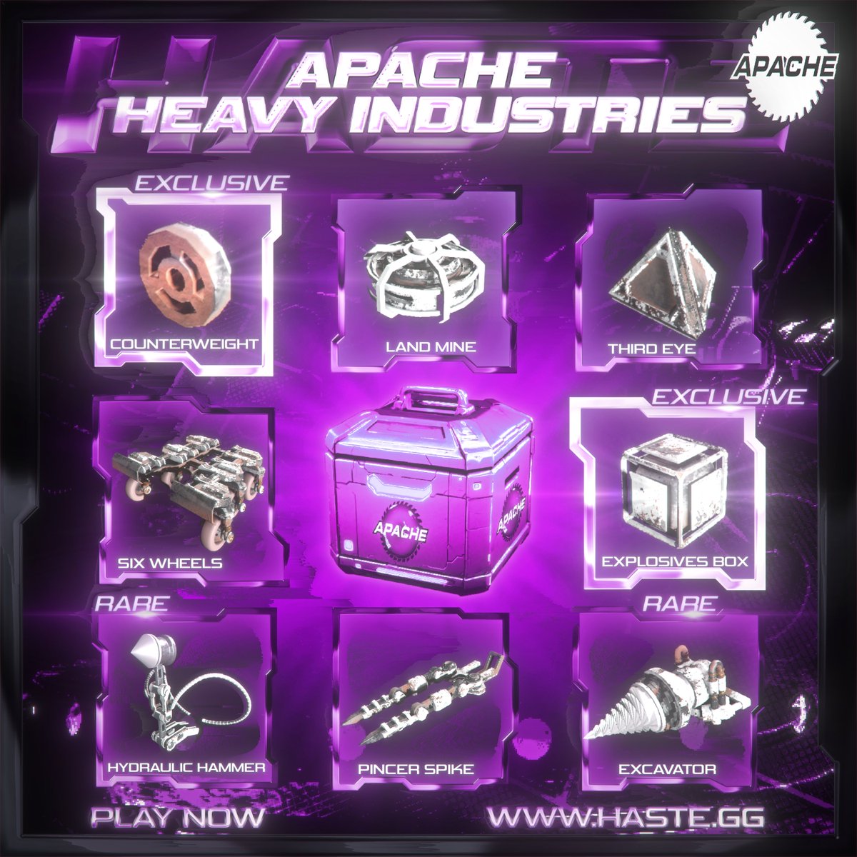 INTRODUCING: APACHE HEAVY INDUSTRIES

Supply crate produced by a manufacturer of heavy industrial vehicles and equipment.