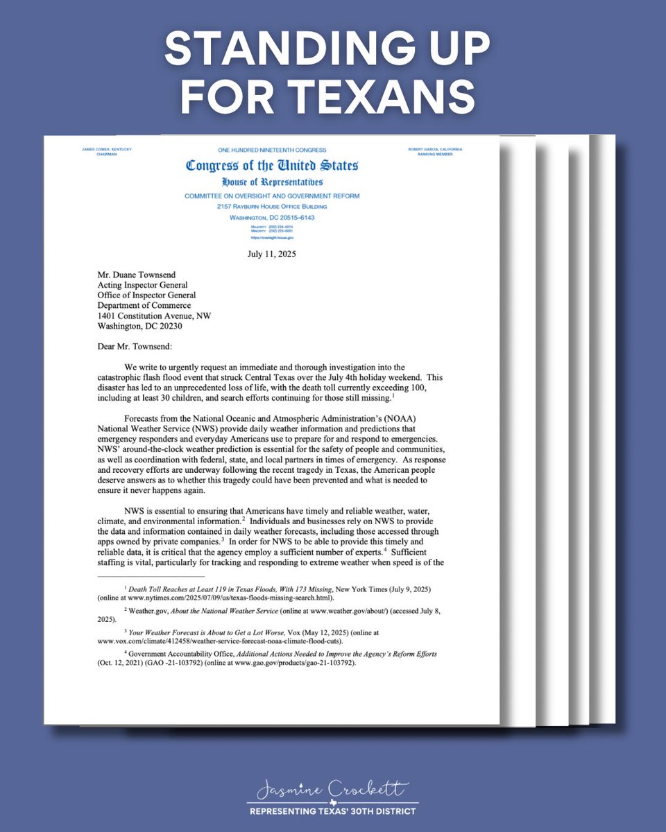 RepJasmine's tweet image. Republicans gutted emergency services, then dragged their feet when Texas was flooding.
Rep. Casar and I are demanding answers from FEMA, NOAA, and the Commerce Department’s Inspector General about the delays, the cuts, and why help didn’t come sooner.
Texans deserve answers…