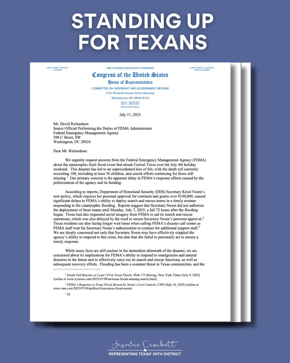 RepJasmine's tweet image. Republicans gutted emergency services, then dragged their feet when Texas was flooding.
Rep. Casar and I are demanding answers from FEMA, NOAA, and the Commerce Department’s Inspector General about the delays, the cuts, and why help didn’t come sooner.
Texans deserve answers…