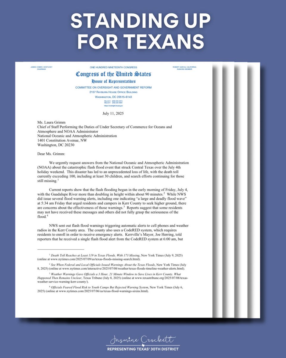 RepJasmine's tweet image. Republicans gutted emergency services, then dragged their feet when Texas was flooding.
Rep. Casar and I are demanding answers from FEMA, NOAA, and the Commerce Department’s Inspector General about the delays, the cuts, and why help didn’t come sooner.
Texans deserve answers…