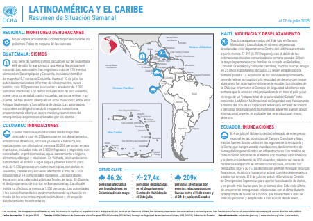 UNOCHA_Americas's tweet image. Actualización semanal al 11 de julio:
➡️ bit.ly/3TAvzlq
🇬🇹 Guatemala: Sismos
🇪🇨 Ecuador: Inundaciones
🇨🇴 Colombia: 46,2K personas afectadas por inundaciones desde mayo
🇭🇹 Haití: 27,4K personas desplazadas en el departamento Centro desde el 3 de julio
...