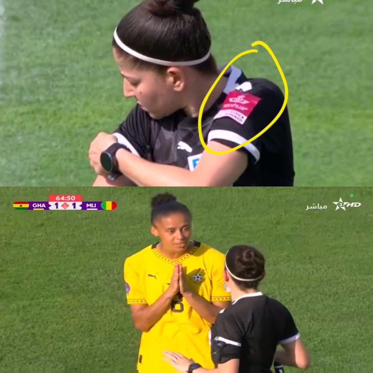🇩🇿| L'arbitre algérienne Ghada Mehat a retiré son patch publicitaire Royal Air Maroc à la mi-temps du match Ghana-Mali de la CAN féminine au Maroc.