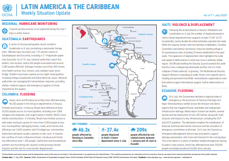 UNOCHA_Americas's tweet image. Weekly Update as of 11 July: ➡️bit.ly/46BYzR9
🇬🇹Guatemala: earthquakes
🇪🇨 Ecuador: Floods
🇨🇴 Colombia: 46.2K people affected by flooding since May
🇭🇹 Haiti: 27.4K people displaced in Centre department since 3 July