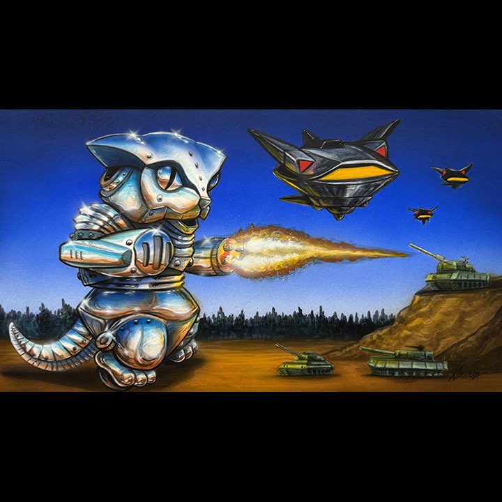 maxtoyco's tweet photo. #fbf Various header cards from #maxtoy projects β¦ dating back to 2007 (!) Acrylics on board by #marknagata Iβll be selling these originals soon in the web store π¬π #maxtoyco #art #nagatacollection #kaiju #monster #creature #illustration #airbrush https://t.co/irixOotuD6