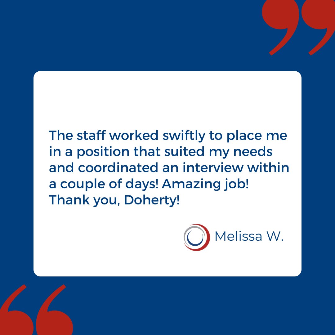 In need of a new job, fast? Working with Doherty can expedite your job search process, as Melissa shared in her testimonial! Get started with our team today: hubs.ly/Q03vQCBp0

#Testimonial #FeedbackFriday #DohertyStaffingSolutions