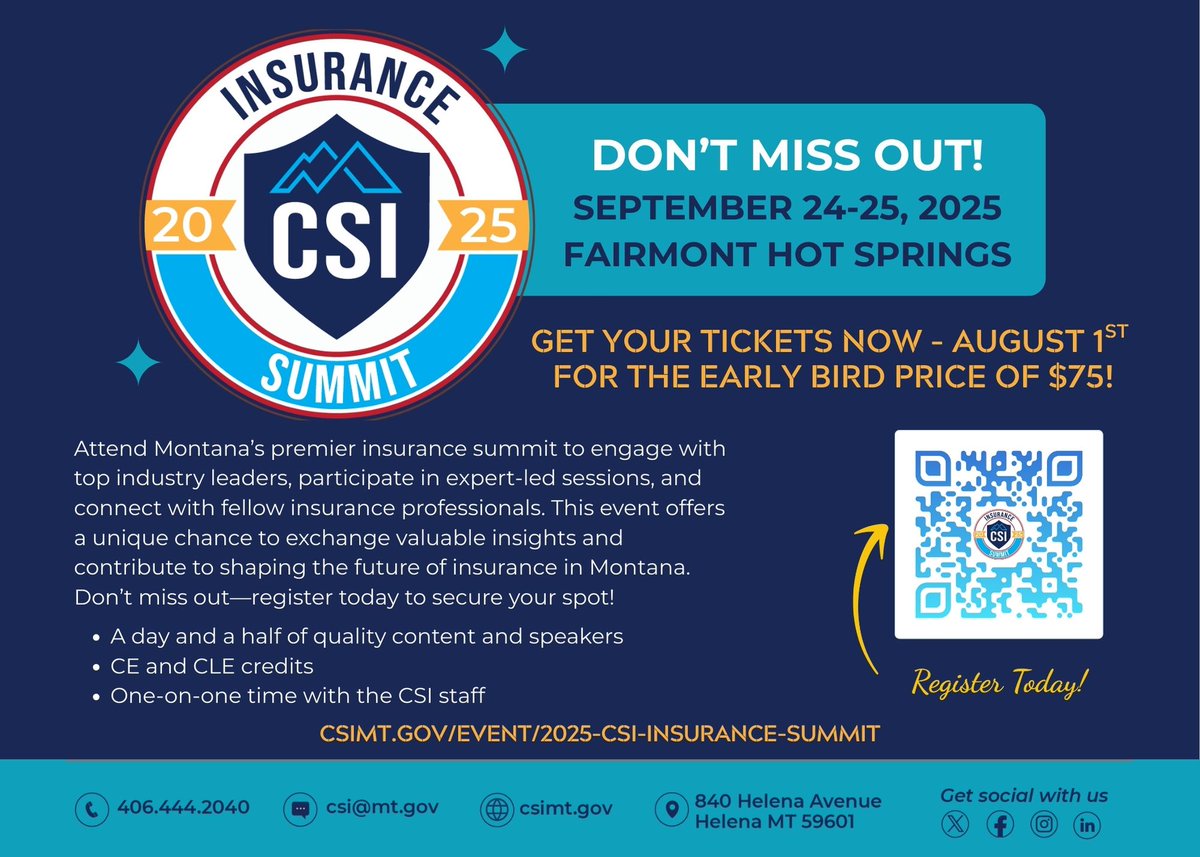 BrownCSIMT's tweet image. 🚨 Don’t Miss Out: 2025 CSI Insurance Summit! 🚨
Join us for Montana’s premier insurance event at Fairmont Hot Springs on September 24-25, 2025!
Secure your spot by August 1st to get the early bird price of just $75!
Why Attend?
Network with top industry leaders
Participate in…