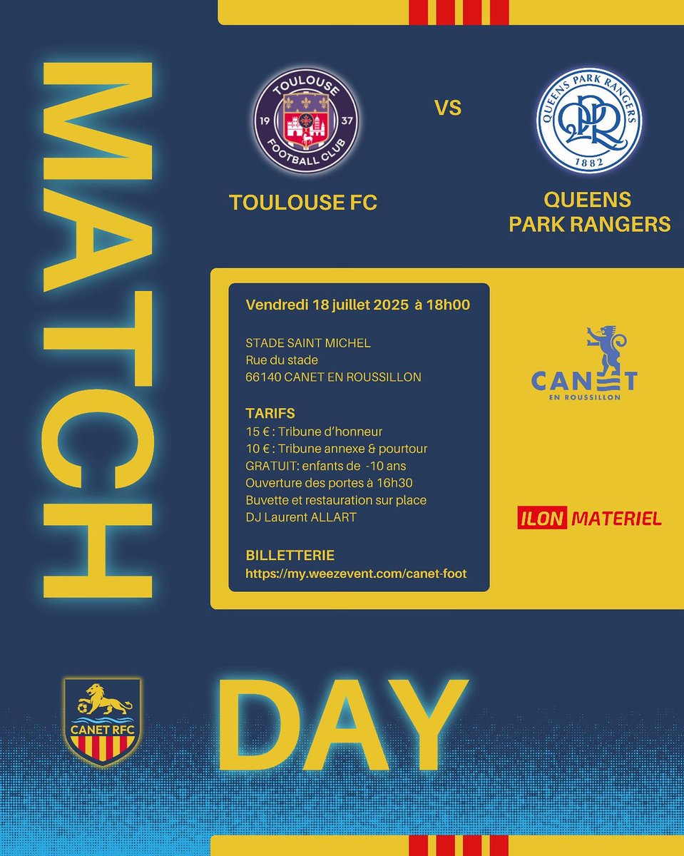 TFC vs QPR – Match amical le 18 juillet à 18h au stade Saint Michel à Canet. Réservez vos places dès maintenant en ligne :
👉🏻 my.weezevent.com/canet-foot