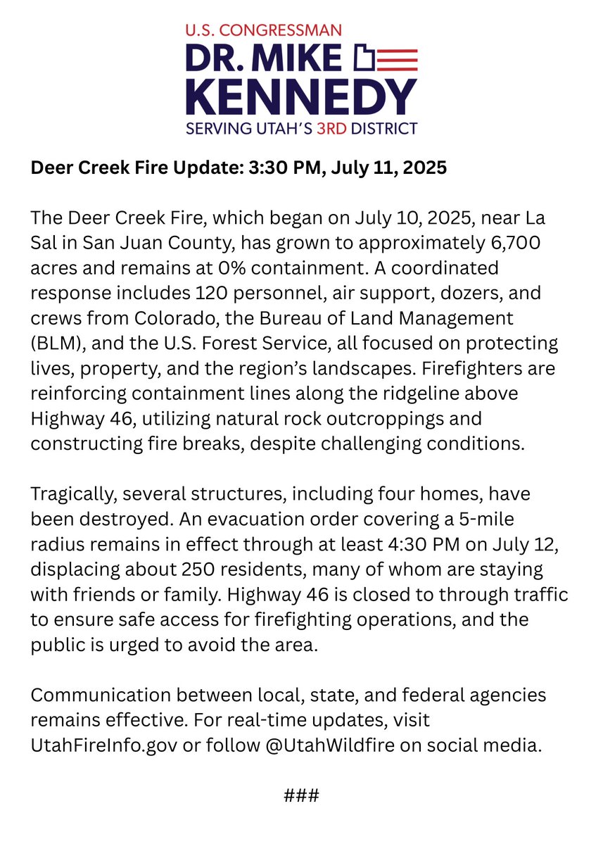 RepMikeKennedy's tweet image. My team and I continue to closely monitor the Deer Creek fire in San Juan County. Our brave firefighters are working tirelessly to protect our communities and landscapes.