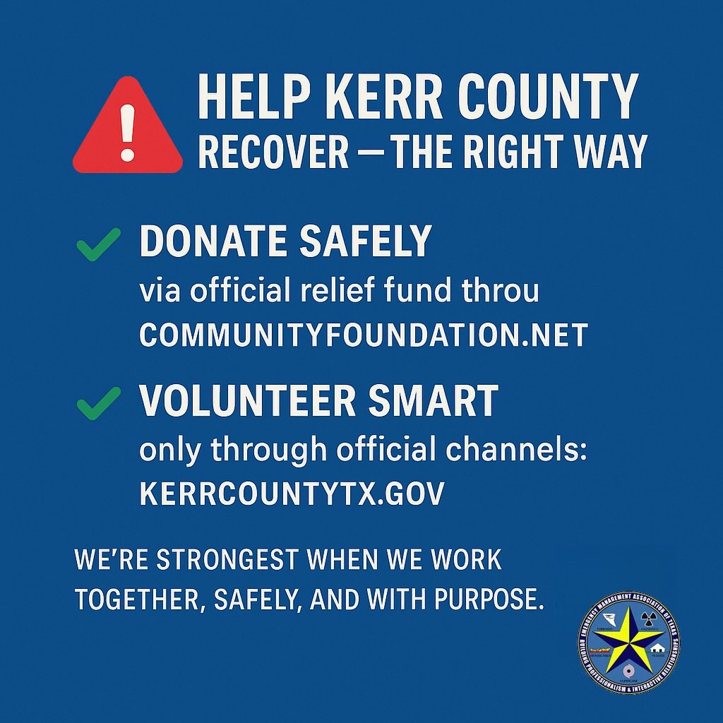 At EMAT we encourage a coordinated effort for donations and volunteers in disasters. Let’s help — responsibly.
✅ Donate safely: communityfoundation.net
✅ Volunteer the right way: kerrcountytx.gov
#KerrCountyRelief #EMAT #TexasStrong #DisasterRelief
