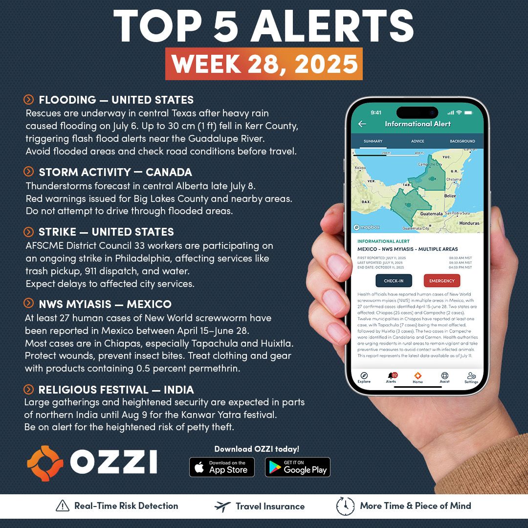 ozziapp's tweet photo. Flooding in Texas. Storms in Alberta. Strikes in Philly. Public health alerts in Mexico. Mass gatherings in India.

OZZI’s real-time alerts help you move through it all—safely.
➡️ https://t.co/IlARCqVZia
#OZZIalerts #Top5Alerts #OZZIeffect #TravelSafe https://t.co/hcAvcW81pj