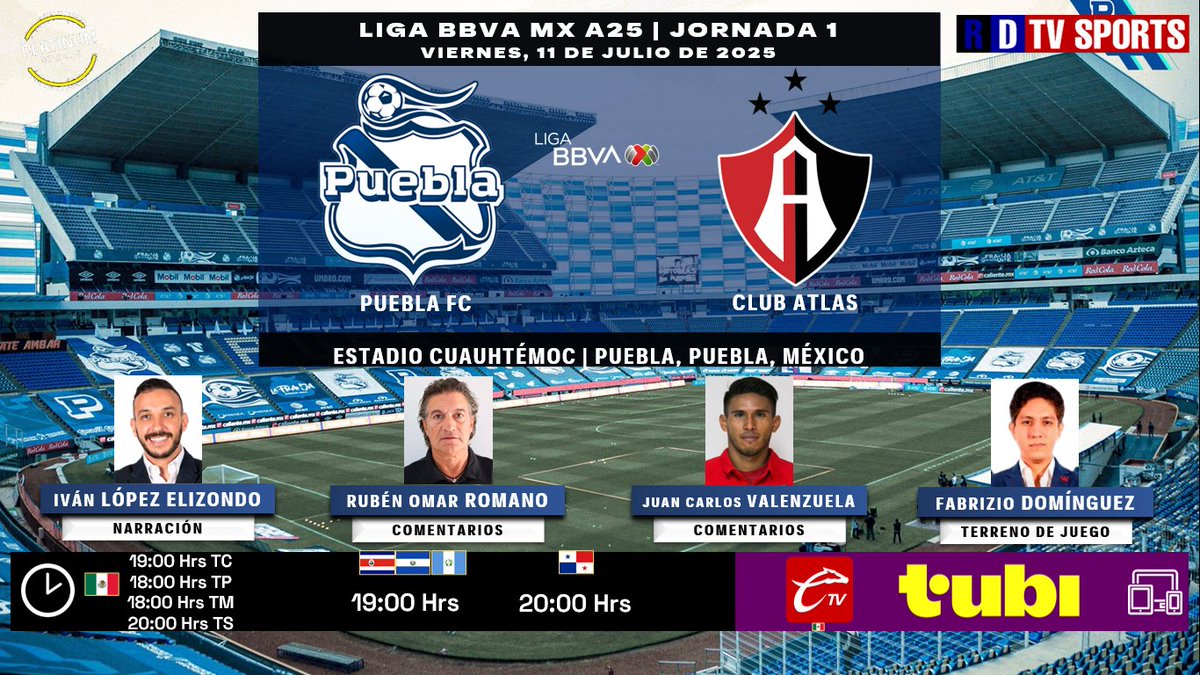 Ramón Valencia 🎮 🇲🇽 (@ramonovic09) on Twitter photo 🇲🇽 #LigaBBVAMX #A25 #Jornada1 | <a href="/ClubPueblaMX/">Club Puebla🎽</a> 🆚 <a href="/AtlasFC/">Atlas FC</a>
#Puebla #Atlas
🗓️ Hoy
🇲🇽⏰ 19:00 Hrs TC, 18:00 Hrs TP
🇨🇷🇸🇻🇬🇹 19:00 Hrs
🇵🇦 20:00 Hrs
📱💻 #FOX En <a href="/tubi_mx/">Tubi México</a>
📱💻 <a href="/somoscalientetv/">Caliente TV</a> 🇲🇽
🎤 <a href="/LopezElizondo11/">Iván “Pollo” Elizondo</a>
🎤📝 <a href="/RubenRomanoDT/">Rubén Romano Oficial</a>
🎤📝 <a href="/Topo_Crack/">Topo Valenzuela</a>
🎤⛳️ <a href="/FabrizioDC_/">Fabrizio Domínguez Castilla</a>
🤳 🇲🇽 #LigaBBVAMX #A25 #Jornada1 | <a href="/ClubPueblaMX/">Club Puebla🎽</a> 🆚 <a href="/AtlasFC/">Atlas FC</a>
#Puebla #Atlas
🗓️ Hoy
🇲🇽⏰ 19:00 Hrs TC, 18:00 Hrs TP
🇨🇷🇸🇻🇬🇹 19:00 Hrs
🇵🇦 20:00 Hrs
📱💻 #FOX En <a href="/tubi_mx/">Tubi México</a>
📱💻 <a href="/somoscalientetv/">Caliente TV</a> 🇲🇽
🎤 <a href="/LopezElizondo11/">Iván “Pollo” Elizondo</a>
🎤📝 <a href="/RubenRomanoDT/">Rubén Romano Oficial</a>
🎤📝 <a href="/Topo_Crack/">Topo Valenzuela</a>
🎤⛳️ <a href="/FabrizioDC_/">Fabrizio Domínguez Castilla</a>
🤳