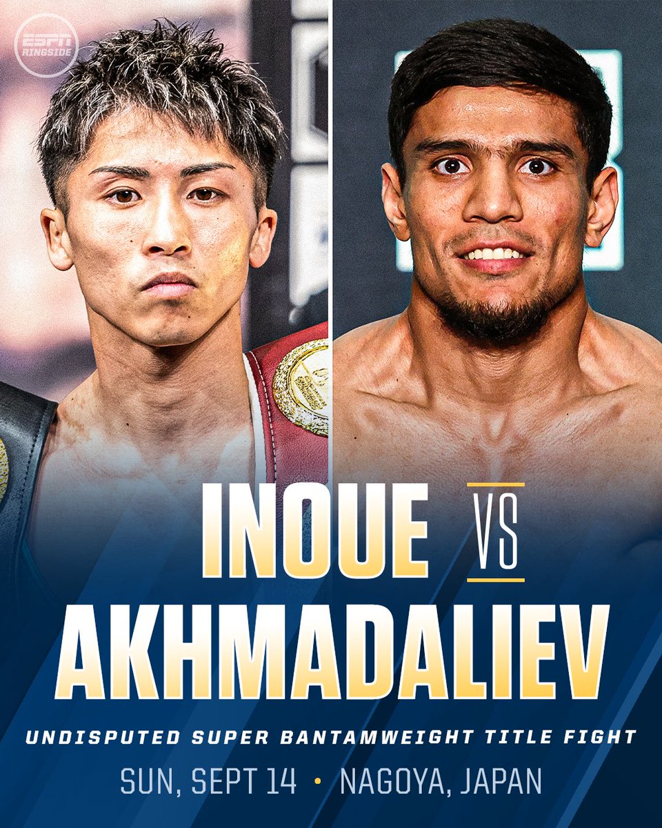 ESPNRingside's tweet photo. Naoya Inoue is set to compete for the third time in 2025 when he puts his undisputed super bantamweight championship on the line against Murodjon Akhmadaliev on Sept. 14.

The fight will take place the day after the Canelo Alvarez vs. Terence Crawford bout. https://t.co/ukEGQ0WD7V