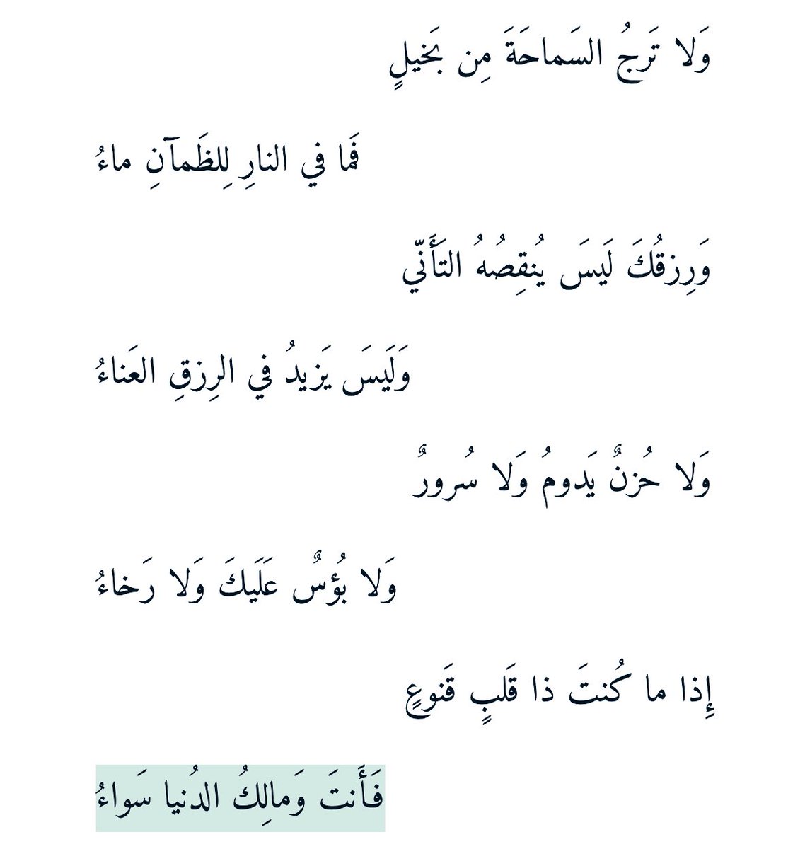 "فَأنتَ ومالِكُ الدُنيا سواءُ"
- الإمام الشافعي