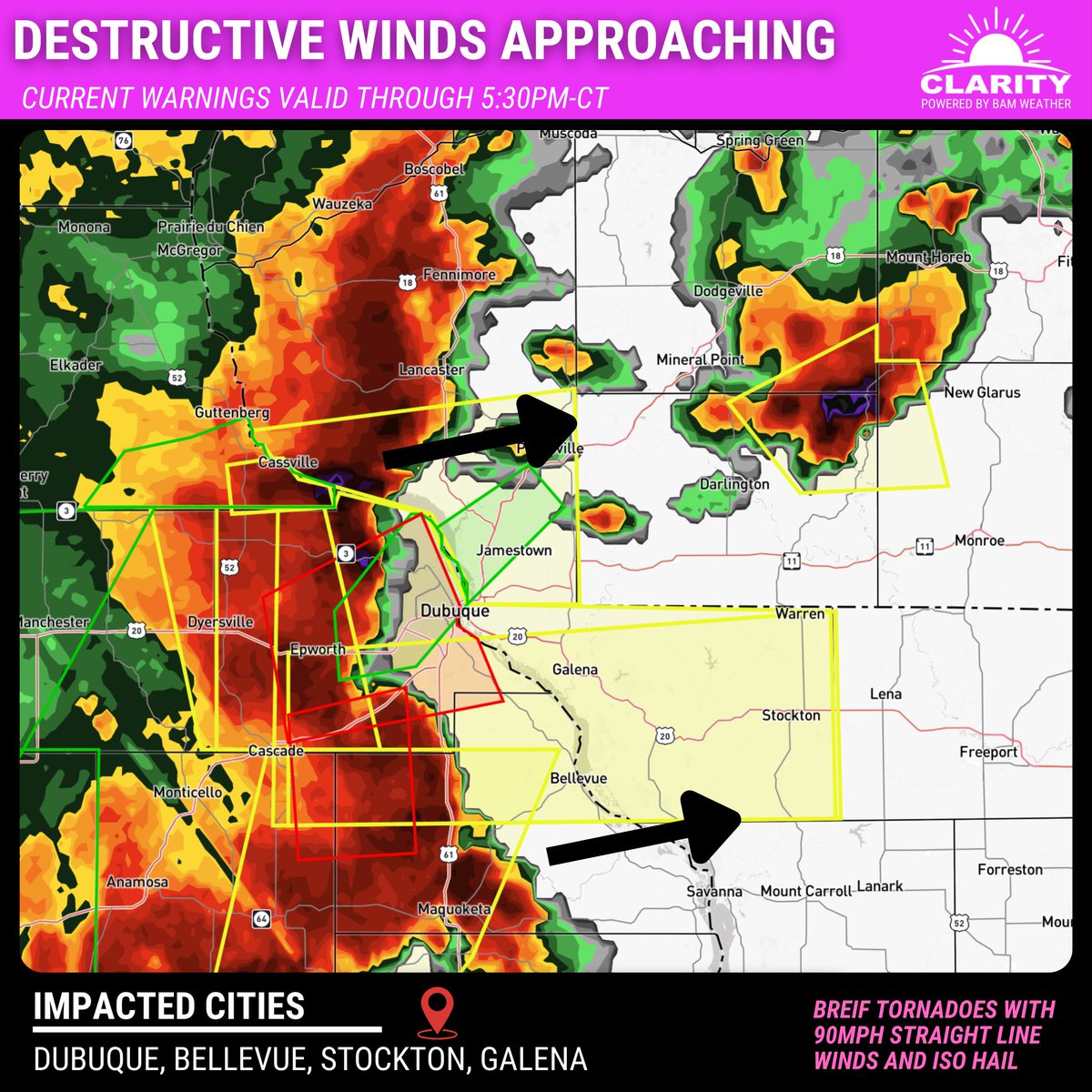 🚨A Particularly Dangerous Situation is evolving across the greater Dubuque area, with straight line winds of 70-90mph pushing eastward!! Tornado risks will continue to remain in play as well as storms push E along the IL/WI Border!

Tell your friends to seek shelter in the path