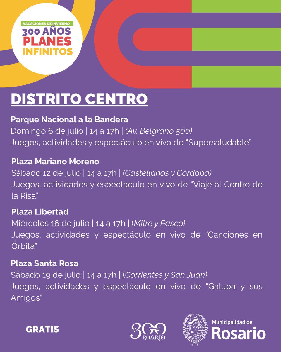 Plaza Libertad miércoles 16 de julio de 14 a 17hs