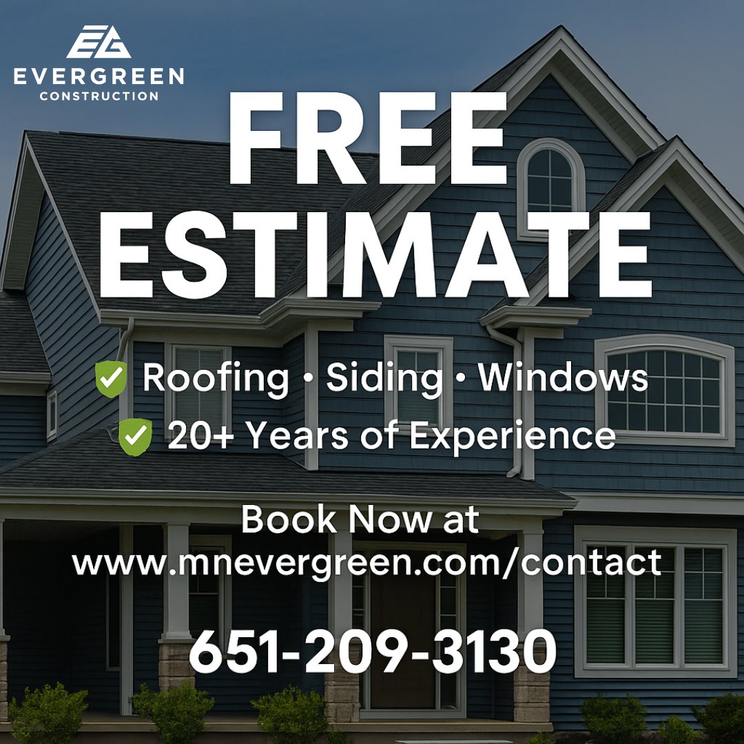 🛠️ Need a new roof, siding, or windows?
Get a FREE estimate from Evergreen Construction!
✅ Honest pricing
✅ 20+ yrs experience
✅ Licensed &amp; insured

📞 651-209-3130
💻 mnevergreen.com/contact
#Roofing #Siding #Windows #MNevergreen #FreeEstimate