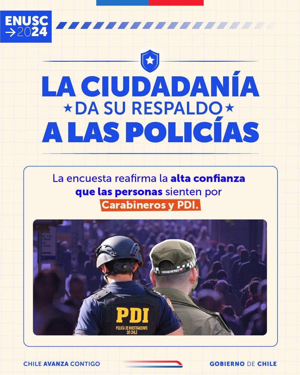 El trabajo de nuestras policías es primordial para nuestro país y así lo reflejan los resultados de la Encuesta Nacional Urbana de Seguridad Ciudadana, que destacan la gran valoración que tanto <a href="/Carabdechile/">Carabineros de Chile</a> como la @pdi_chile tienen por parte de las y los chilenos.