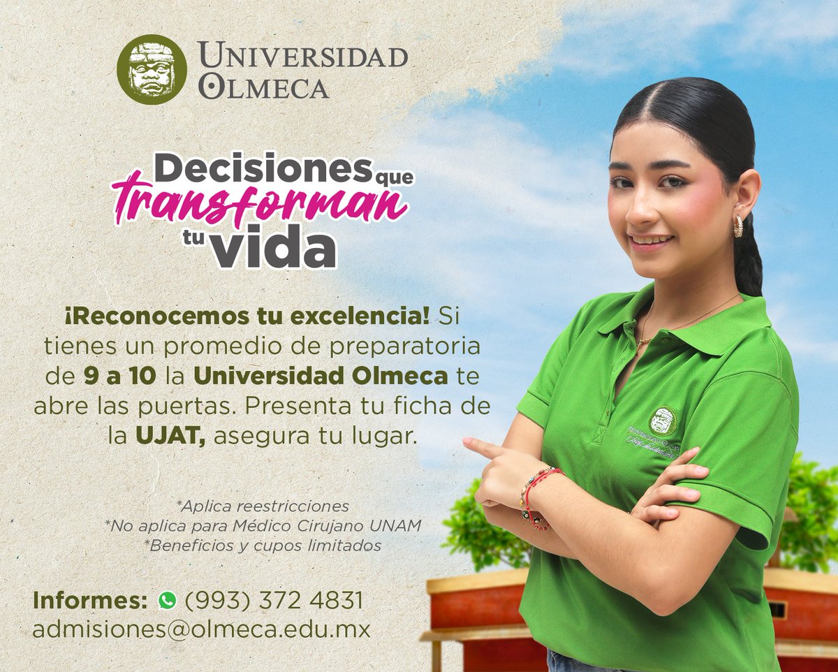 Universidad Olmeca (@uolmeca) on Twitter photo ¿Promedio de 9 a 10 en la prepa? En la Universidad Olmeca celebramos tu esfuerzo.
WhatsApp: (993) 372 4831
admisiones@olmeca.edu.mx ¿Promedio de 9 a 10 en la prepa? En la Universidad Olmeca celebramos tu esfuerzo.
WhatsApp: (993) 372 4831
admisiones@olmeca.edu.mx