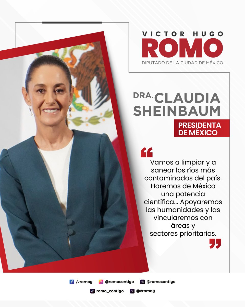 Victor Romo (@vromog) on Twitter photo Nuestra presidenta <a href="/Claudiashein/">Claudia Sheinbaum Pardo</a> tiene una visión clara: limpiar los ríos más contaminados, hacer de México una potencia científica y poner las humanidades al centro del desarrollo nacional.
Desde el congreso, respaldamos este compromiso con el bienestar del pueblo y el futuro Nuestra presidenta <a href="/Claudiashein/">Claudia Sheinbaum Pardo</a> tiene una visión clara: limpiar los ríos más contaminados, hacer de México una potencia científica y poner las humanidades al centro del desarrollo nacional.
Desde el congreso, respaldamos este compromiso con el bienestar del pueblo y el futuro