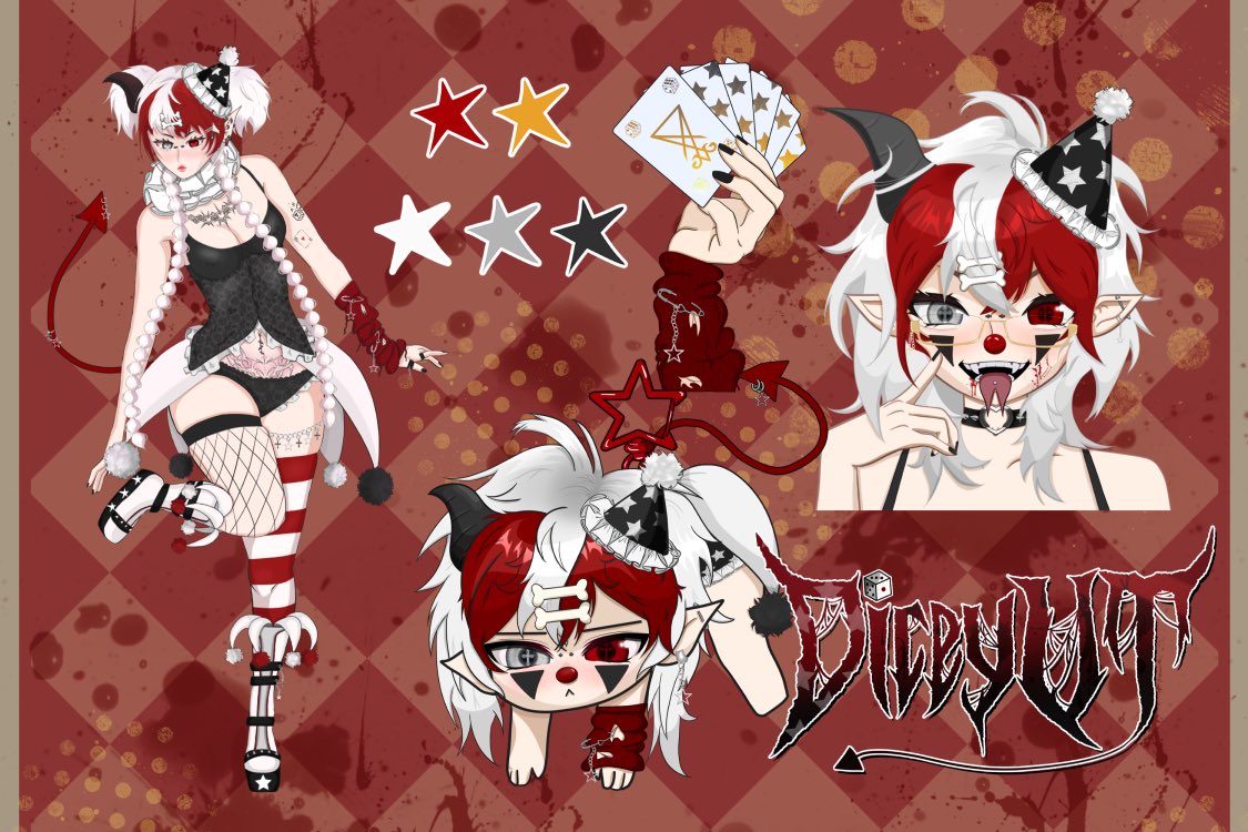 MY REDESIGN IS COMPLETE 🎉

i've been putting blood, sweat and tears into this lately and FINALLY i'm satisfied with what i've done. 

please glaze me i've been in the studio (clip studio) for like over a month working on all of this :3

anyway here's my FIRST REF SHEET EVER 🎲🎪