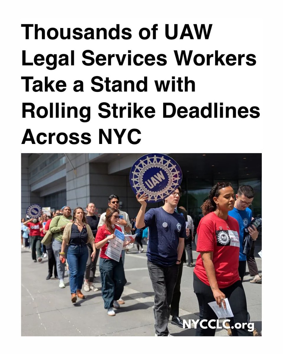 NYC CLC, AFL-CIO (@centrallabornyc) on Twitter photo More than 2k workers at legal service providers across NYC represented by ALAA, UAW Local 2325 have authorized a strike. 
Echoing the UAW's 2023 Stand Up Strike, ALAA members have announced rolling strike deadlines across multiple workplaces.
Read more: nycclc.org/news/thousands… More than 2k workers at legal service providers across NYC represented by ALAA, UAW Local 2325 have authorized a strike. 
Echoing the UAW's 2023 Stand Up Strike, ALAA members have announced rolling strike deadlines across multiple workplaces.
Read more: nycclc.org/news/thousands…