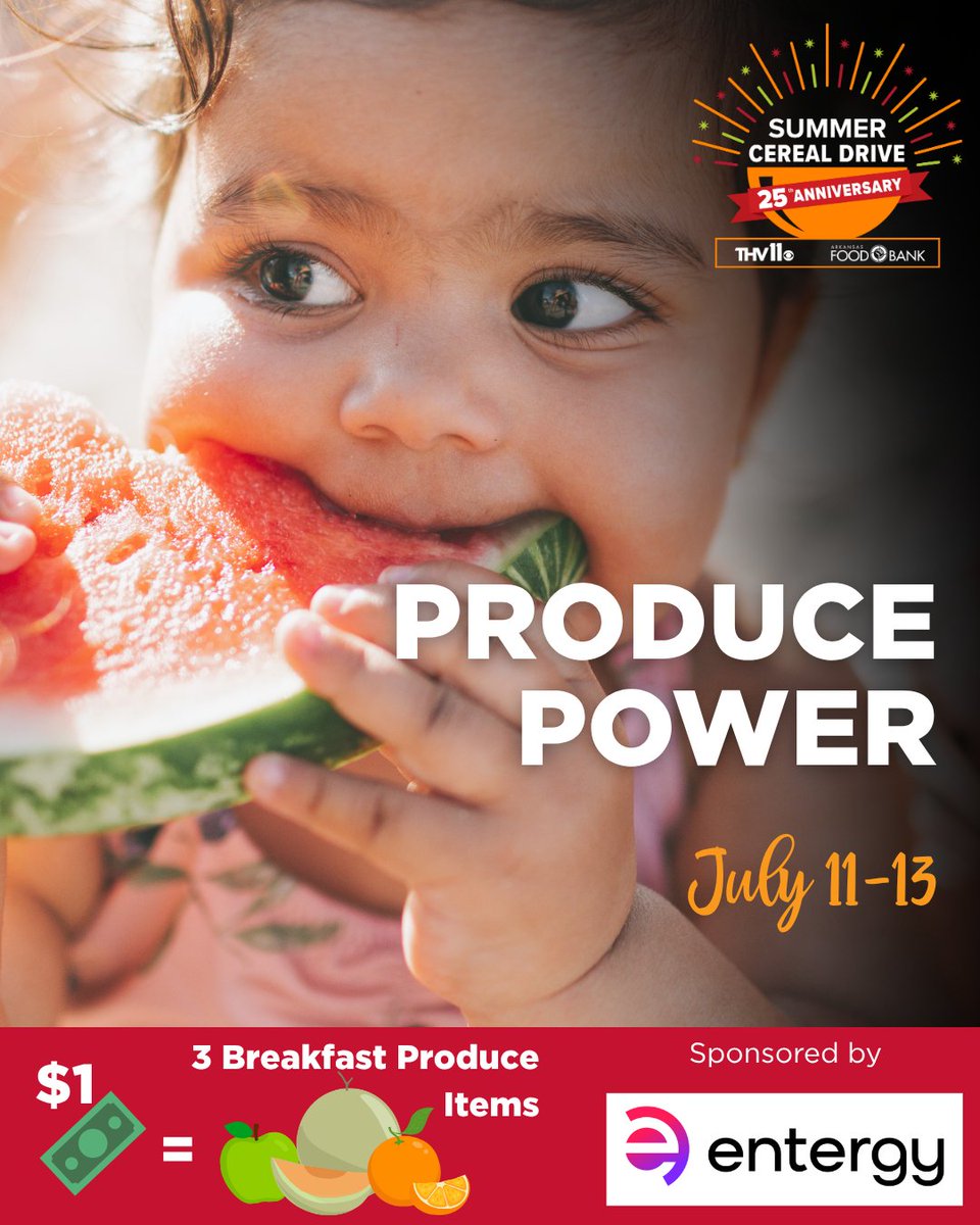 🎉 Produce Power is LIVE! From July 11–13, your gift provides 3x the impact — every $1 = 3 breakfast items, thanks to <a href="/EntergyArk/">Entergy Arkansas</a>. Help us bring fresh produce to families across Arkansas. Donate now: arkansasfoodbank.org/?form=FUNAGXYP…