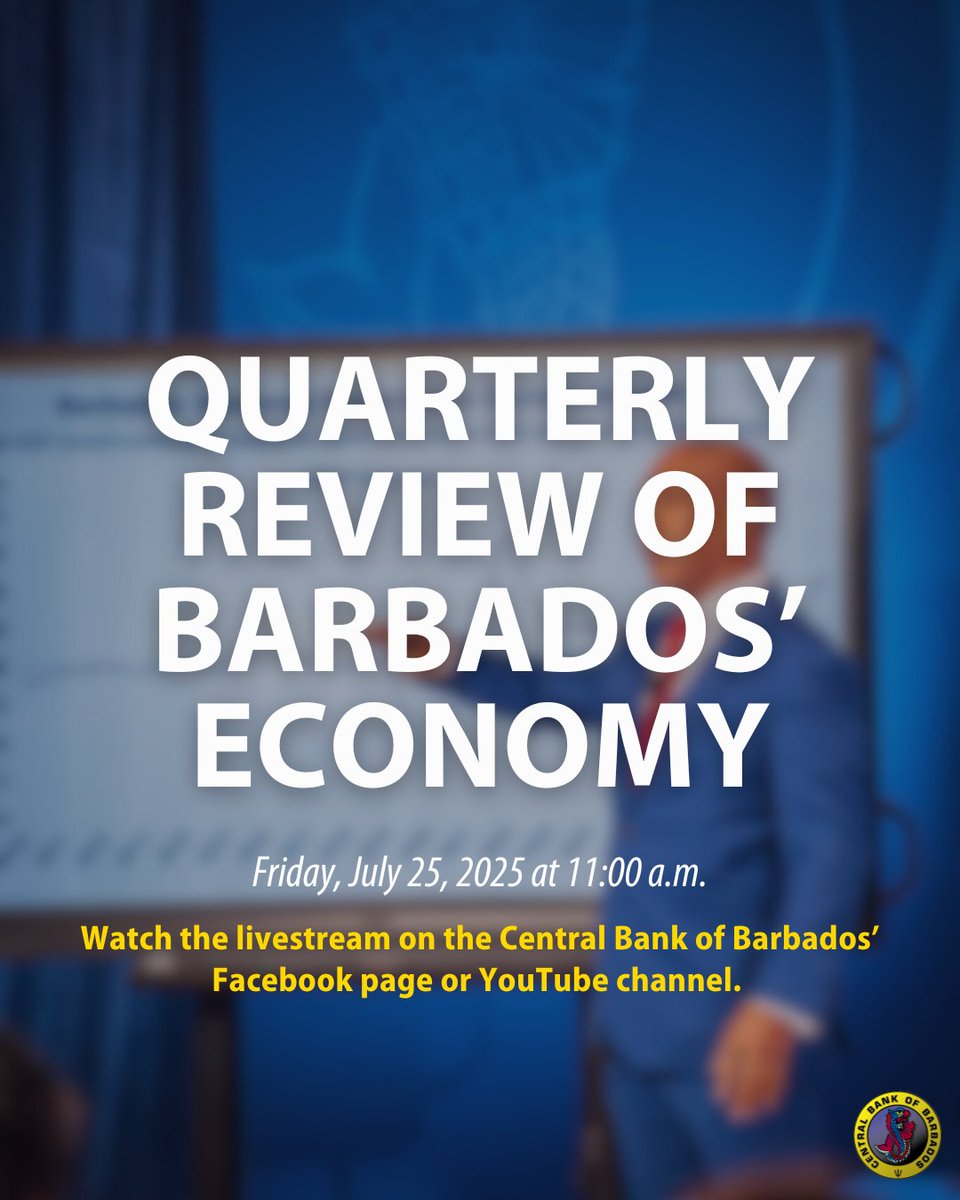 In two weeks, we'll publish our review of Barbados' economy in the first six monthsof 2025. During the press conference, Governor Greenidge will take questions from the live online audience. You can pose yours in advance at ow.ly/JEpQ50WnfUW