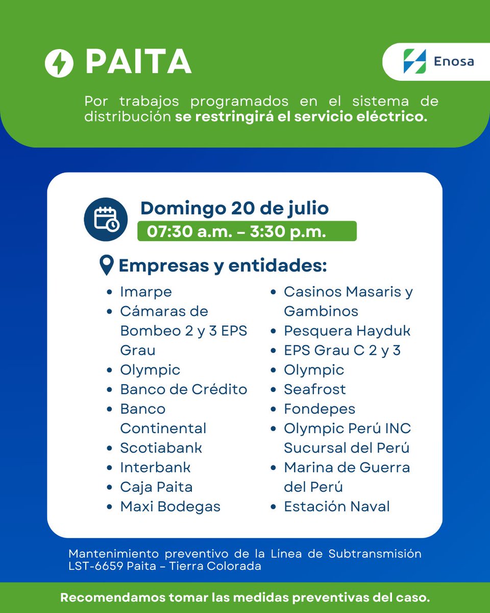 EnosaOficial's tweet photo. ⚠️¡Atención #Piura #Paita y #Tumbes !
🔧¿Sabías que los #CORTES #PROGRAMADOS permiten la continuidad del servicio eléctrico?⚡
#MantenimientoProgramado #EstamosContigo #Enosa #GrupoDistriluz https://t.co/xFYggKYgr3