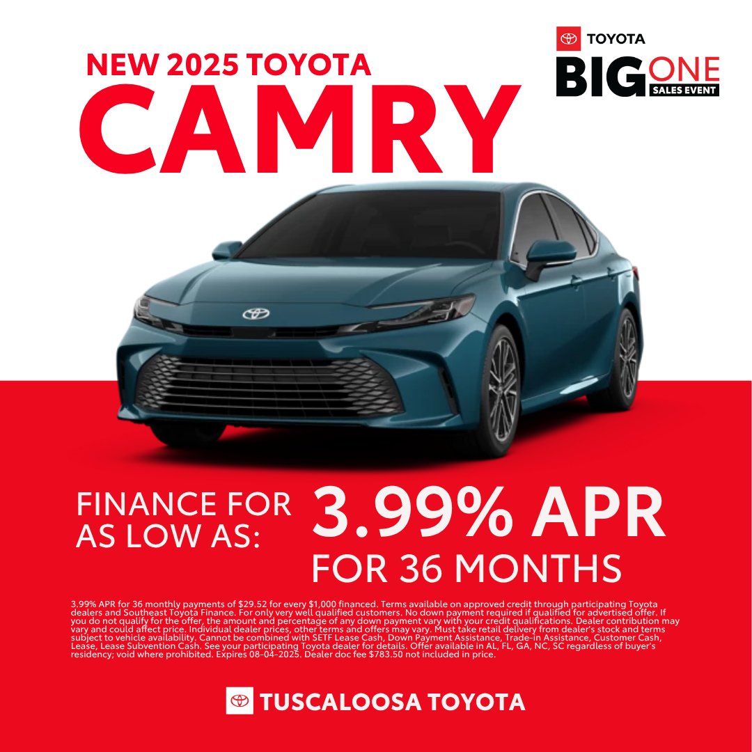 🚗 Ready for something special? We're excited to offer financing for as low as 3.99% APR for 36 months on the all-new 2025 Toyota Camry at Tuscaloosa Toyota! 

#ToyotaCamry #TuscaloosaToyota #ToyotaDealer #CarFinancing #Alabama #Automotive